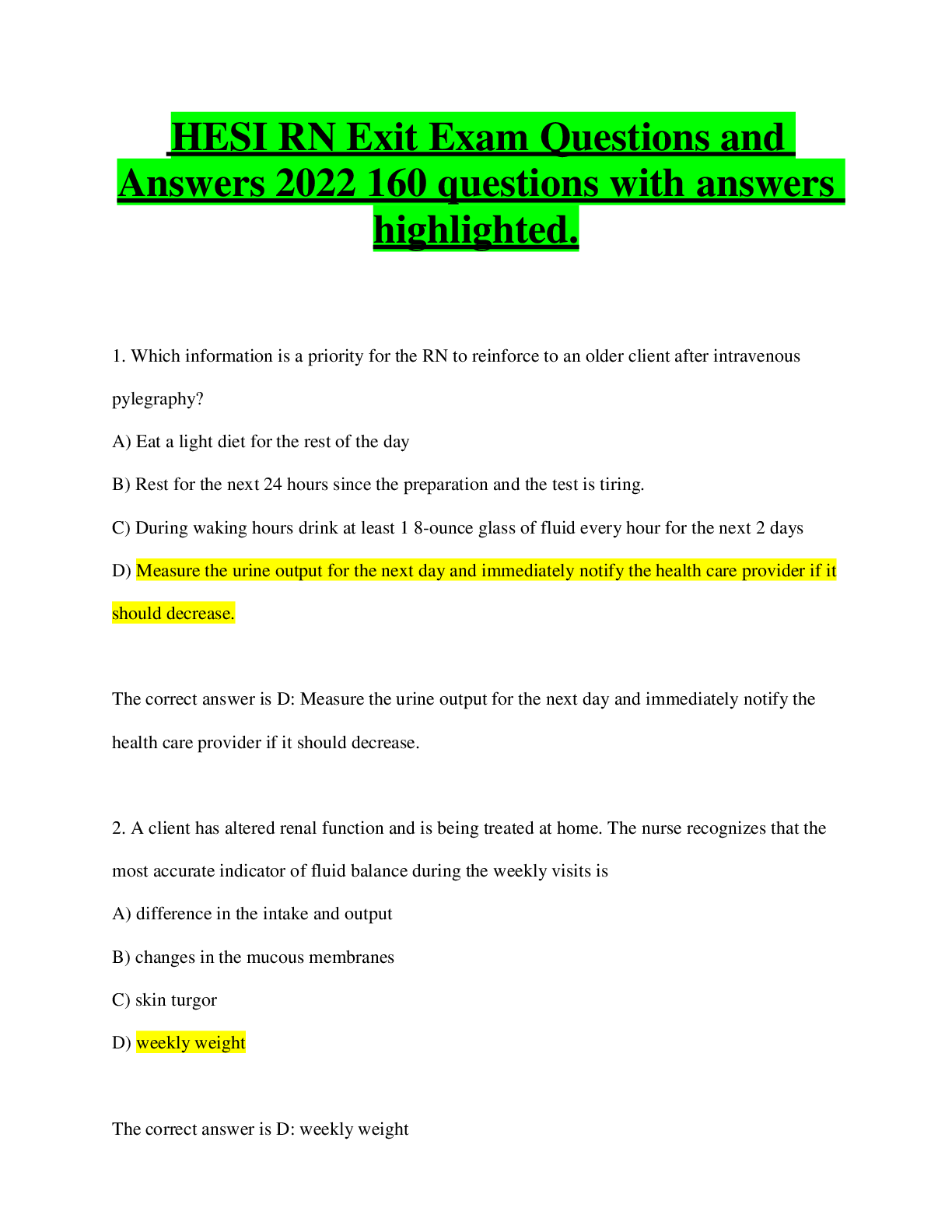 Preview image for HESI RN Exit Exam Questions and Answers 2022 160 questions with answers highlighted.